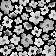 Black-white watercolor seamless pattern with cherry flowers on a black background. A print with black and white sakura flowers is suitable for the design of stationery, fabrics, wrapping paper.