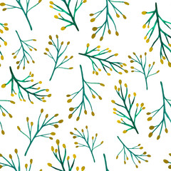 Watercolor seamless pattern with delicate sprigs of mimosa on a white background. Minimalistic watercolor botanical pattern.