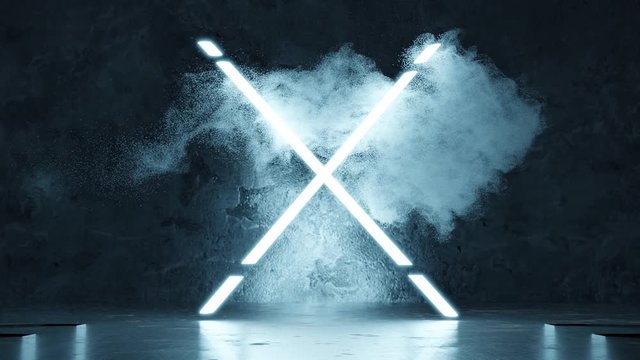 animation of blue lighten X alphabet shape in front of grunge wall background