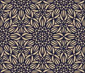 Stylish floral seamless pattern. Vector ornamental background in navy blue and gold colors.
