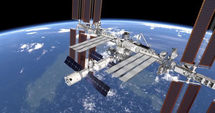 Flight of International Space Station ISS orbiting the blue marble planet Earth. Fly above the planet atmosphere. 3D animation. Elements of this image furnished by NASA.