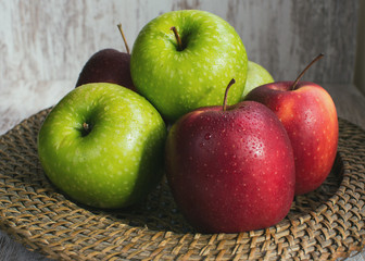 Red and green apples set. Fresh fruit. Still life of fruits. Closeup and depth of field