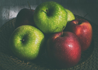 Red and green apples set. Fresh fruit. Still life of fruits. Closeup and depth of field