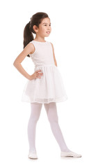 Cute little ballerina on white background