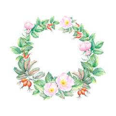 Watercolor sketch wreath of wild rose hips, flowers and leaves isolated on white background. Wreath for card, invitation, wedding stationary.