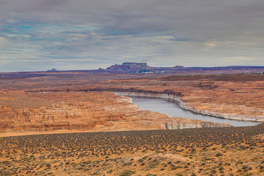 View from Wahwaep overlook to the Page Power plant with Colorado river in winter © Aquarius