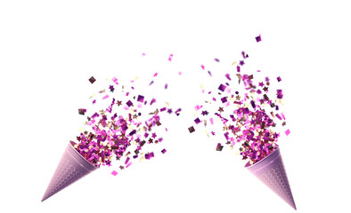  purple torches with bright sequins in the air isolated on white background 