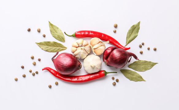 Fresh spices on white background