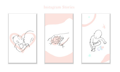 Instagram stories template about baby and mom, motherhood, Arms of newborn. Modern design. Light pink, white colors.
