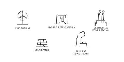Set of renewable energy source thin line icons. Design elements for renewable energy, green technology. Vector illustration.