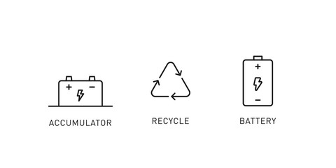 Recycle accumulator, battery thin line icons. Design element for renewable energy, green technology. Vector illustration.