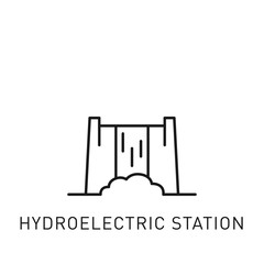 Hydroelectric station thin line icon. Design element for renewable energy, green technology. Vector illustration.