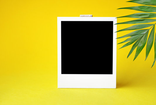 Photo template. Empty blank of photo on yellow background with palm leaves. Ready to put image template. Copy space.