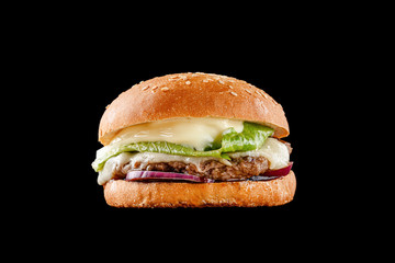 21 burger on a black background for the menu. Black and white burgers with meat, chicken cutlet, salad, egg.