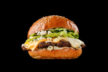 21 burger on a black background for the menu. Black and white burgers with meat, chicken cutlet,...