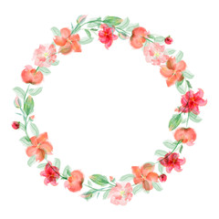 wreath, round frame of red flowers. Elegant frame, imitation of watercolor.