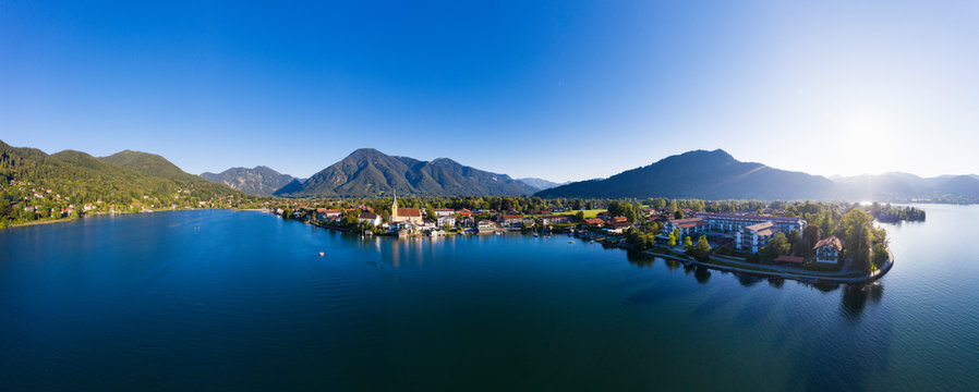 Germany, Bavaria, Rottach-Egern, Aerial view of clear sky over lakeshore town