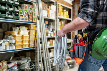 Electrician in the electrical parts store is holding the roll of electrical cable. Construction industry, electrical system.