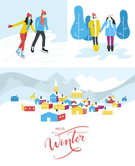 Winter season card templates - snowy city landscapes with cute characters.