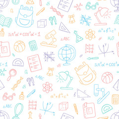 School colorful seamless pattern in doodle style on white background. Vector illustration