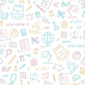 School colorful seamless pattern in doodle style on white background. Vector illustration