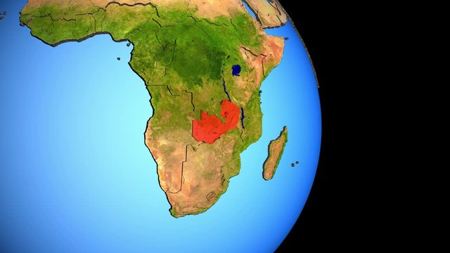 Closing in on Zambia on political 3D globe with topography. 3D illustration.