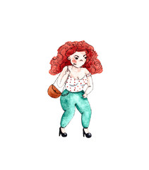 Cute angry girl with curly red hair, green jeans and a small brown purse. Watercolor painting. Hand drawn illustration