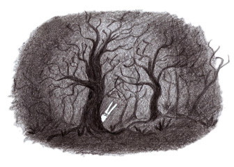 Black and white pencil illustration of a rabbit in a magic forest. Hand drawn