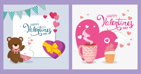 set cards happy valentines day with decoration vector illustration design