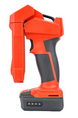 Side view of cordless 12V LED task light with flexible head and retractable hook for hands-free...
