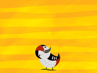 cartoon scene with wild animal bird woodpecker on yellow stripes illustration