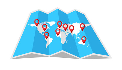 World travel map with pinpoint on it. Location on a global map. Vector illustration.	