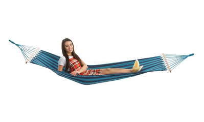 Woman resting in hammock on white background