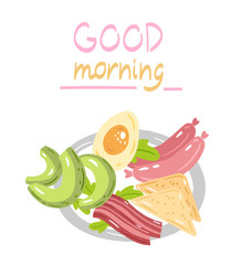 Vector illustration of tasty breakfast variant. Plate with avocado slices, toasts, sausages, slices of bacon, eggs and lettuce. Сartoon style illustration.