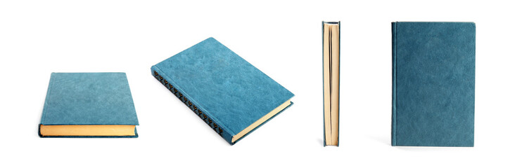 Set of hardcover books on white background