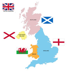 Carte et drapeau du Royaume-Uni avec les 4 nations et leurs drapeaux : Angleterre - Pays de Galles - Écosse - Irlande du Nord