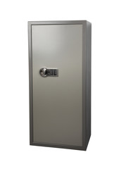 Big steel safe with electronic lock on white background