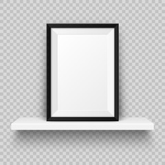 Realistic wall shelf with empty picture frame. Poster mockup for design. Vector Illustration.