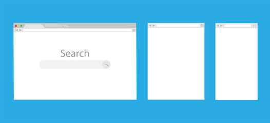 Obraz premium Simple internet browsers window isolated on blue background. Web browser blank template of laptop, tablet and phone. Vector illustration in a flat style.