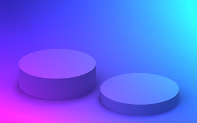 3d purple blue neon light cylinder podium minimal studio pink gradient dark background. Abstract 3d geometric shape object illustration render. Display for nightclub party and technology product.