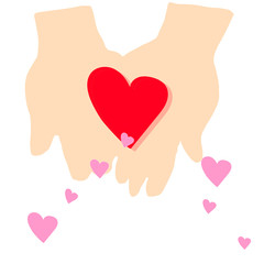 A red heart on two palms and a small heart flying on a white background.