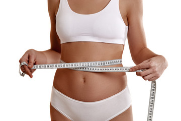 Not perfect, the body of the girl after childbirth in white underwear. A girl with a flabby body, cellulite, measures the waist. Weight loss and healthy eating. The problem of anarexia. Plastic