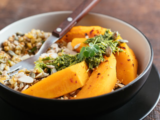 Roasted Squash, Seeded Herbed Freekeh and Zhoug