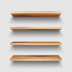 Realistic empty wooden store shelves set. Product shelf with wood texture. Grocery wall rack. Vector illustration. © 32 pixels