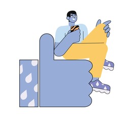 Vector illustration of a man with smartphone who is chatting with his friends and sitting on a like or thumb up button or icon. Concept of follow and like us, social media feedback, advertising, smm.