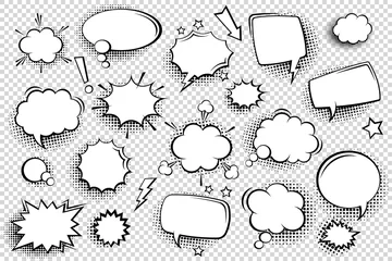 Fotobehang Collection of empty comic speech bubbles with halftone shadows. Hand drawn retro cartoon stickers. Pop art style. Vector illustration. © 32 pixels