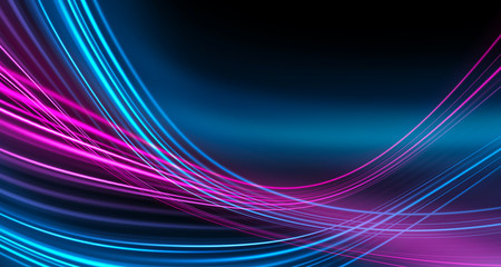 Dark background, blue and pink neon lines. Symmetric reflection of geometric shapes.