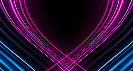Dark background, blue and pink neon lines. Symmetric reflection of geometric shapes.