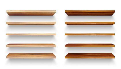 Realistic empty wooden store shelves set. Product shelf with wood texture. Grocery wall rack. Vector illustration.