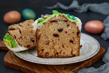 Pieces of Easter cake on a plate, a symbol of the Orthodox holiday of Easter, Horizontal orientation